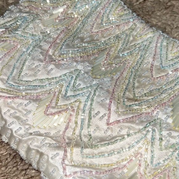 Vintage Mini Beaded Bag Cream with Pastel Beads Satin Lined 8”x5” - Picture 8 of 8
